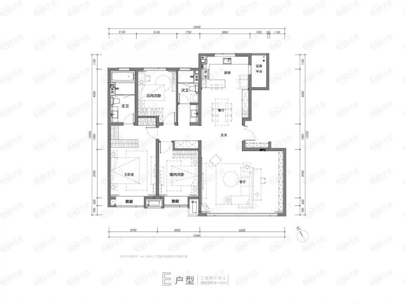 包頭裝修方案萬(wàn)科中央公園三室兩廳兩衛(wèi)150平方米