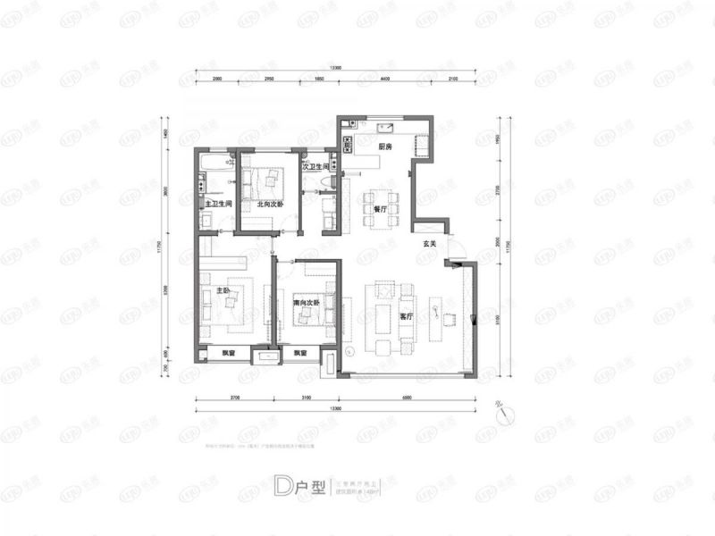 包頭裝修方案萬(wàn)科中央公園三室兩廳兩衛(wèi)148平方米