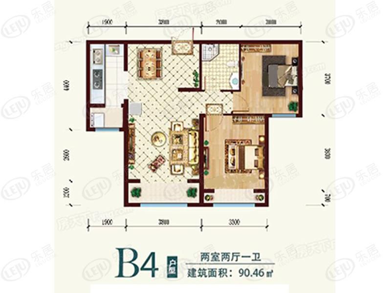 包頭裝修方案住建風景兩室兩廳一衛(wèi)90.46平方米